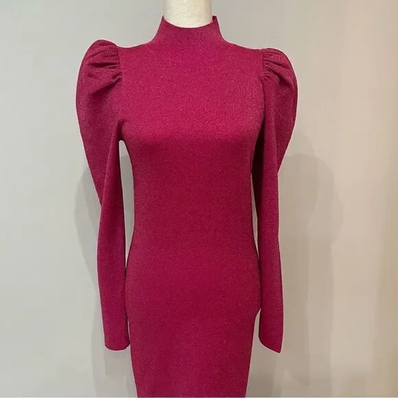 𝅺nwt Alice + Olivia Issa Metallic Puff Long Sleeve Wool Blend Dress Size Large